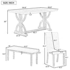 6-Piece Retro Rectangular Dining Table Set, Table with Unique Legs and 4 Upholstered Chairs & 1 Bench for Dining Room