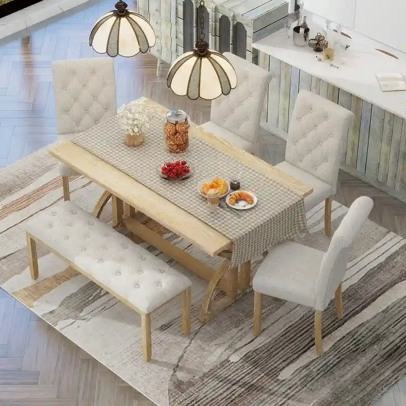 6-Piece Retro Rectangular Dining Table Set, Table with Unique Legs and 4 Upholstered Chairs & 1 Bench for Dining Room