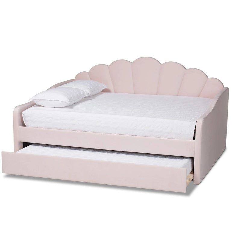Timila Modern and Contemporary Light Pink Velvet Fabric Upholstered Queen Size Daybed with Trundle