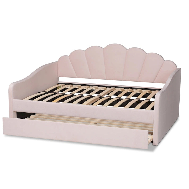 Timila Modern and Contemporary Light Pink Velvet Fabric Upholstered Queen Size Daybed with Trundle