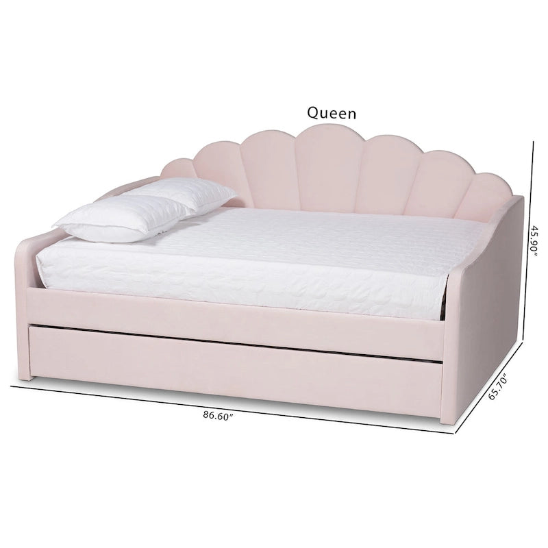 Timila Modern and Contemporary Light Pink Velvet Fabric Upholstered Queen Size Daybed with Trundle