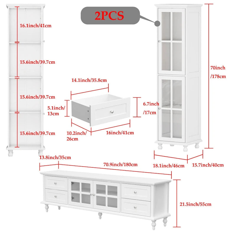 Cabinet Set with Tempered GlassStorage & TV Stand Combo Organization - SideCabinet+TVStand