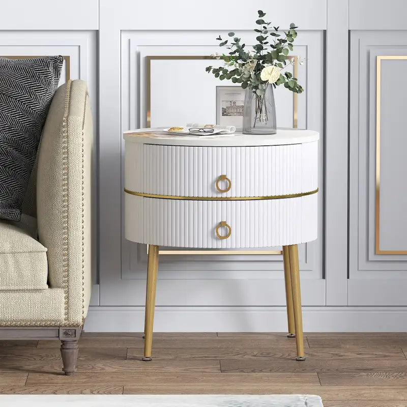 Myhozm Round End Table with Storage, Barrel-Shaped Nightstand for Living Room, Bedroom