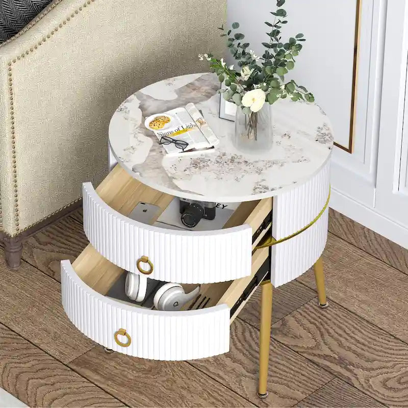 Myhozm Round End Table with Storage, Barrel-Shaped Nightstand for Living Room, Bedroom
