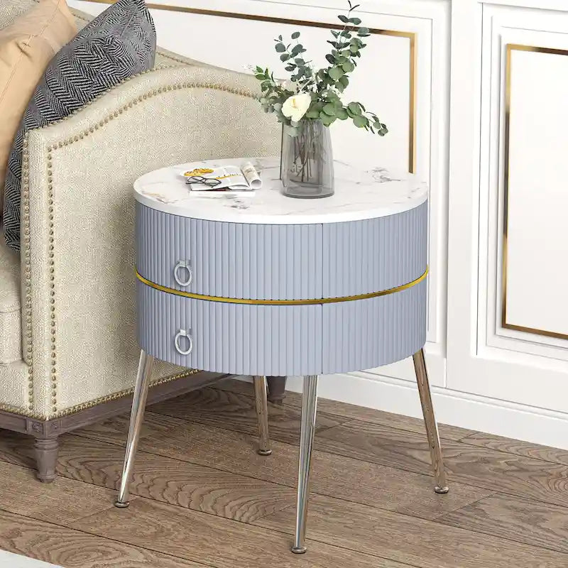 Myhozm Round End Table with Storage, Barrel-Shaped Nightstand for Living Room, Bedroom