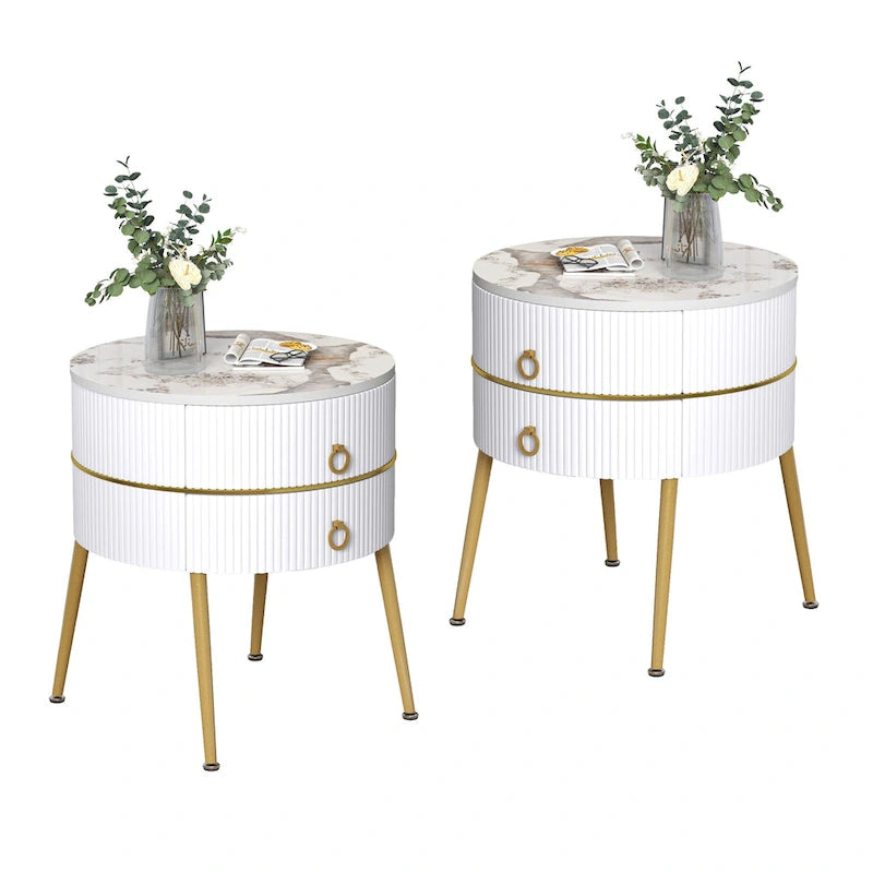 Myhozm Round End Table with Storage, Barrel-Shaped Nightstand for Living Room, Bedroom