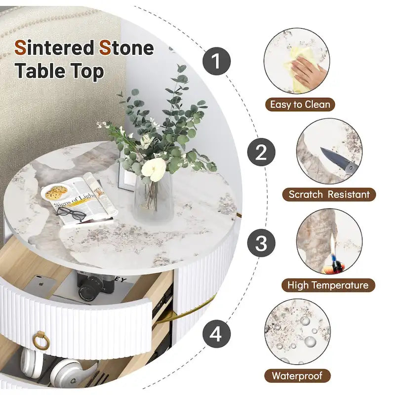 Myhozm Round End Table with Storage, Barrel-Shaped Nightstand for Living Room, Bedroom