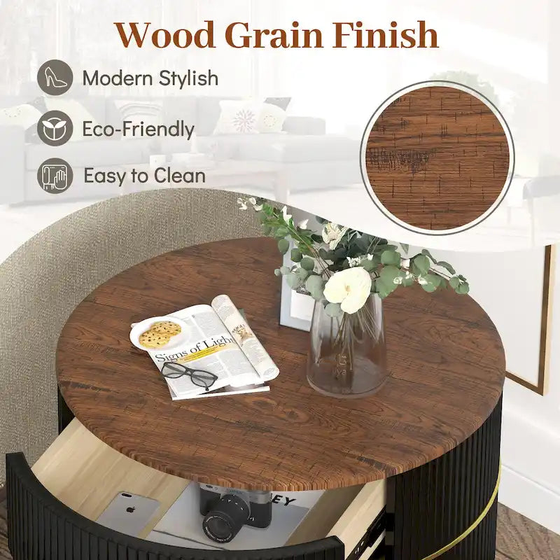 Myhozm Round End Table with Storage, Barrel-Shaped Nightstand for Living Room, Bedroom