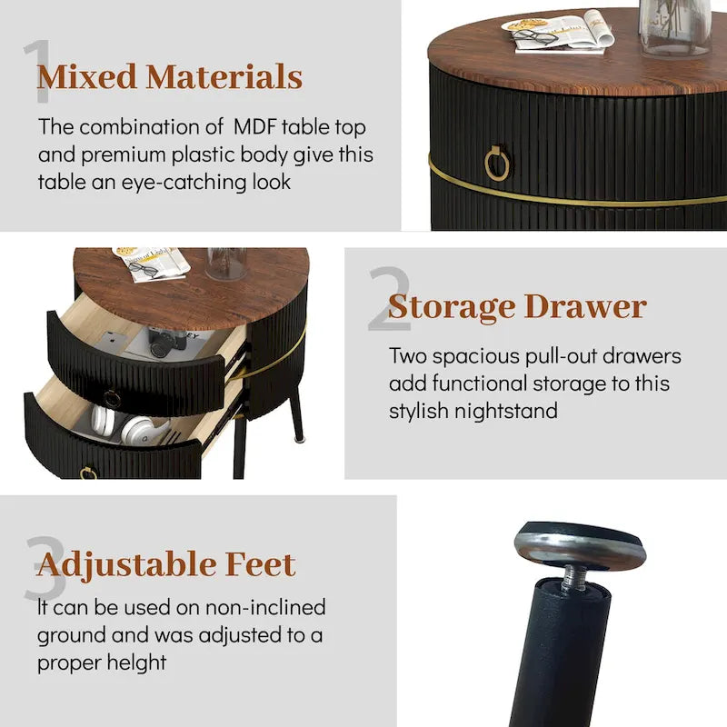 Myhozm Round End Table with Storage, Barrel-Shaped Nightstand for Living Room, Bedroom