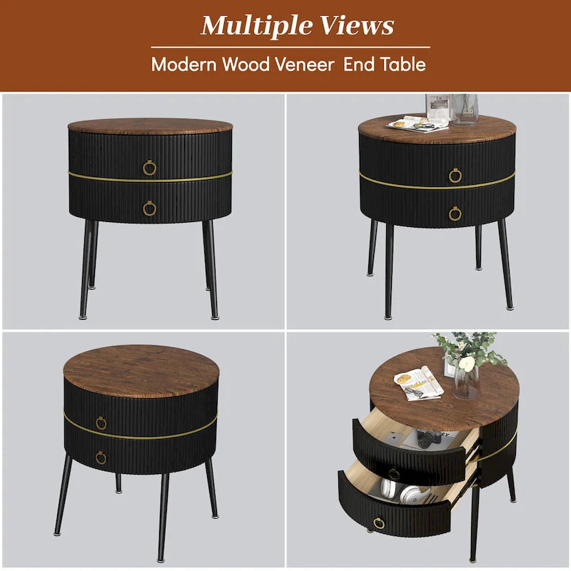 Myhozm Round End Table with Storage, Barrel-Shaped Nightstand for Living Room, Bedroom