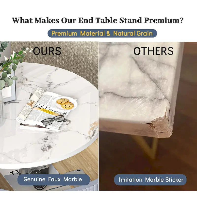 Myhozm Round End Table with Storage, Barrel-Shaped Nightstand for Living Room, Bedroom