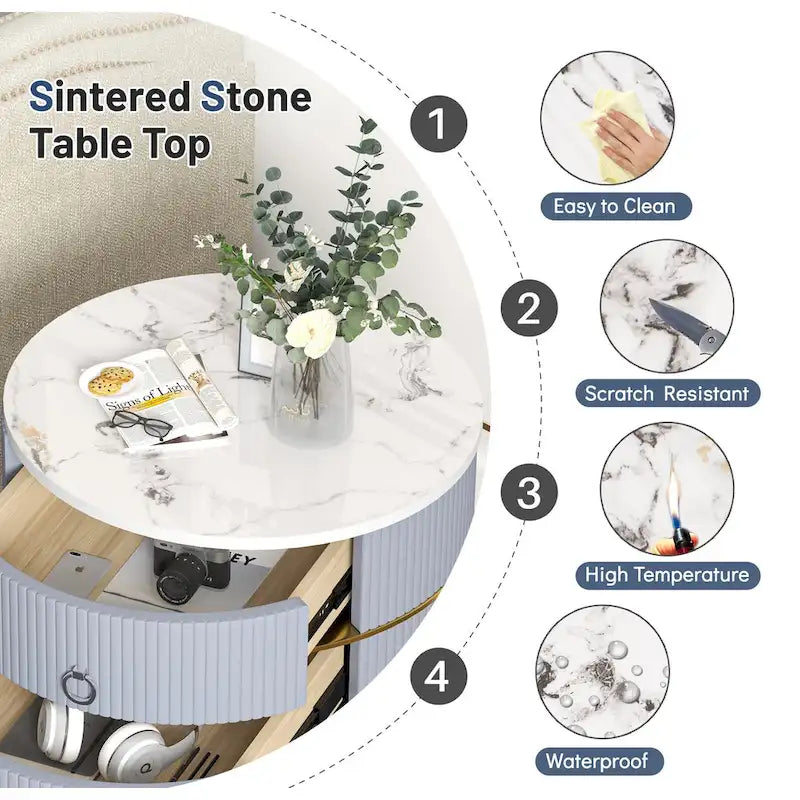 Myhozm Round End Table with Storage, Barrel-Shaped Nightstand for Living Room, Bedroom