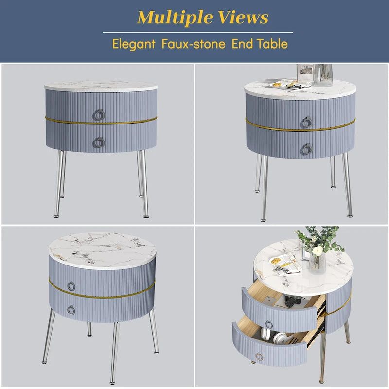 Myhozm Round End Table with Storage, Barrel-Shaped Nightstand for Living Room, Bedroom