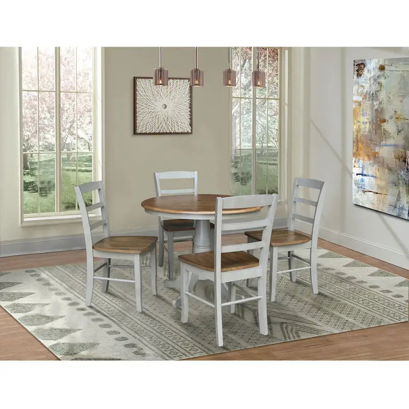International Concepts Solid Wood 36 Round Pedestal Dining Table with 4 Madrid Ladderback Chairs
