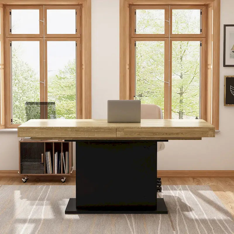 Extendable Dining Room Table Wood Finish Top Computer(Black/White)