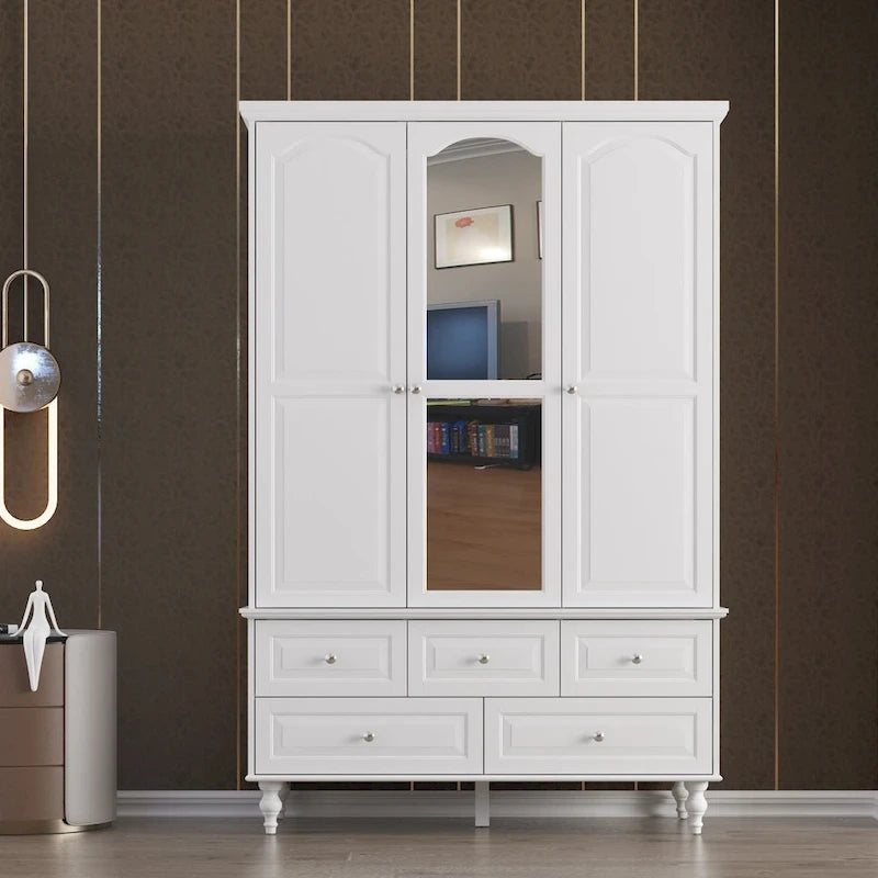 70.9H Family Wardrobe/Armoire/Closet with Mirror Doors White Lacquer