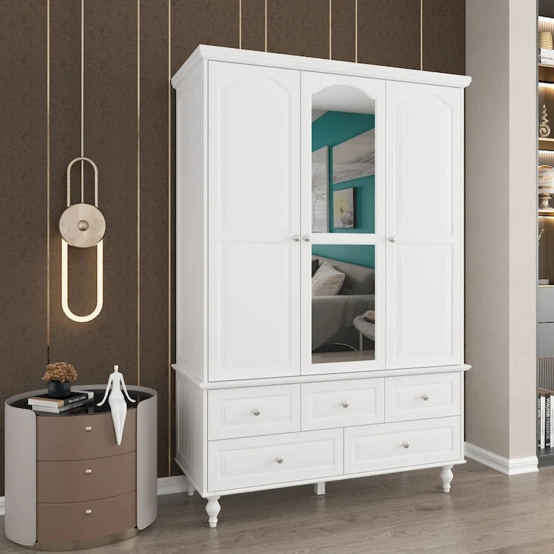 70.9H Family Wardrobe/Armoire/Closet with Mirror Doors White Lacquer
