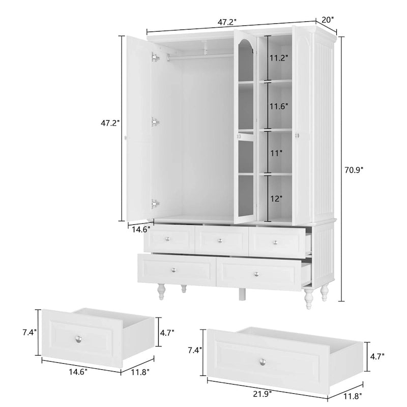 70.9H Family Wardrobe/Armoire/Closet with Mirror Doors White Lacquer