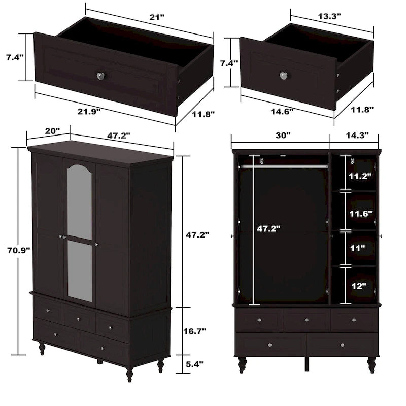 70.9H Family Wardrobe/Armoire/Closet with Mirror Doors White Lacquer