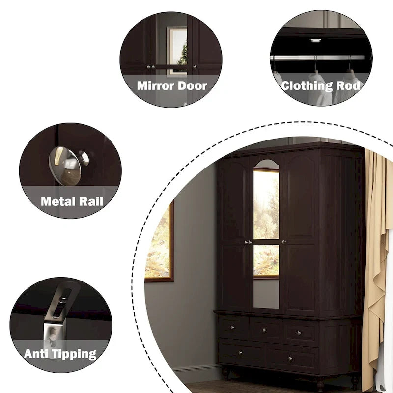 70.9H Family Wardrobe/Armoire/Closet with Mirror Doors White Lacquer