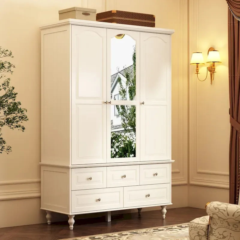 70.9H Family Wardrobe/Armoire/Closet with Mirror Doors White Lacquer