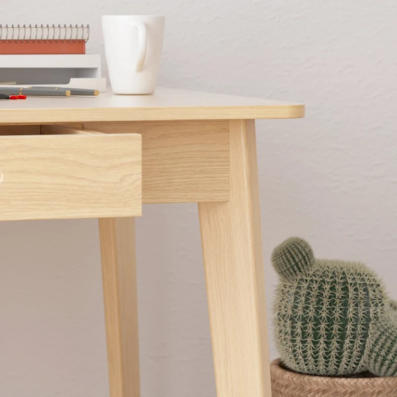 Timechee Beige Wooden Computer Desk, 47 Writing Desk with 2 Drawers