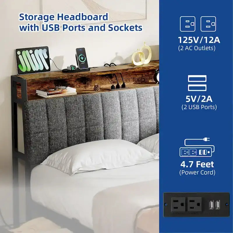 Moasis Storage Platform Bed Frame with Power Outlets and 4 Storage Drawers