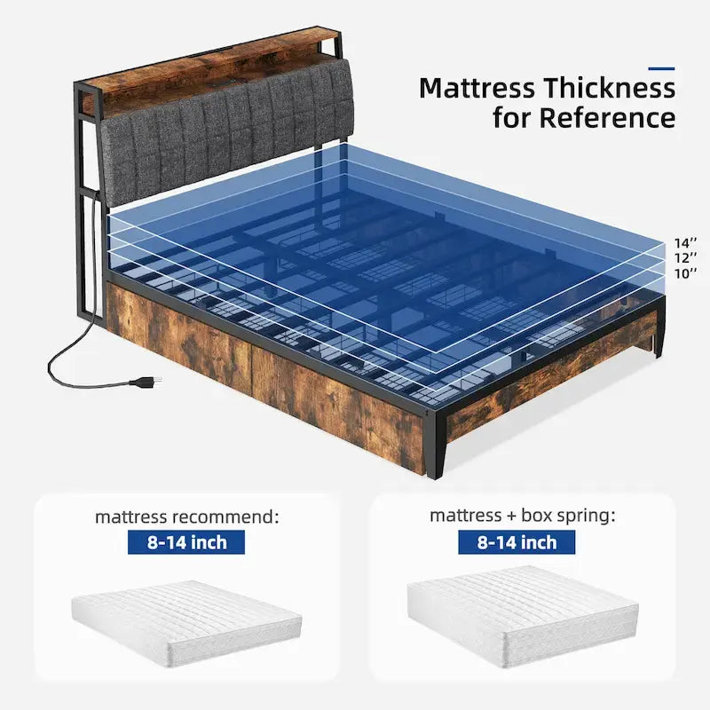 Moasis Storage Platform Bed Frame with Power Outlets and 4 Storage Drawers