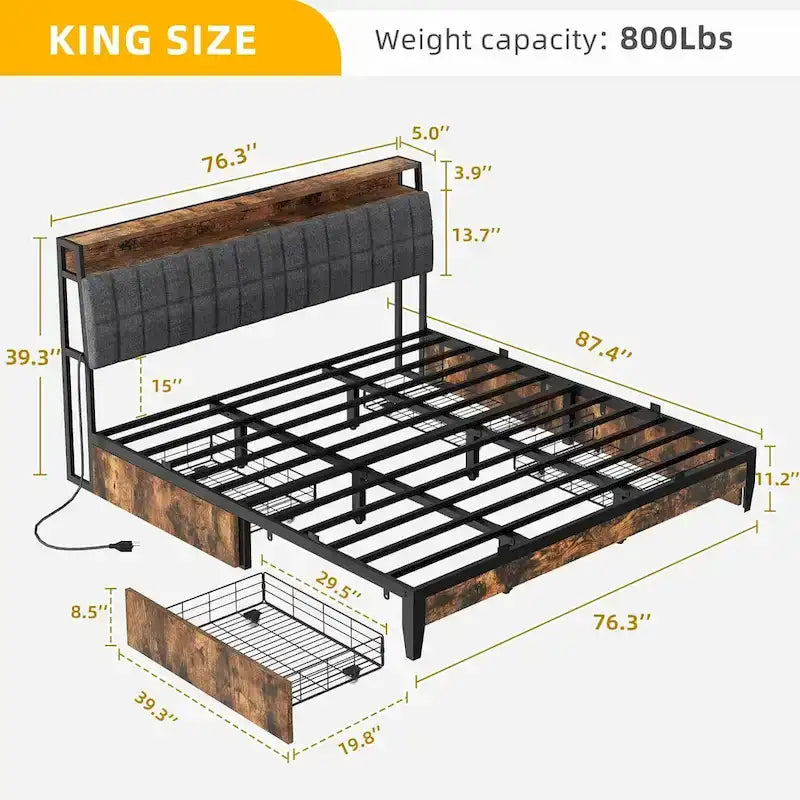 Moasis Storage Platform Bed Frame with Power Outlets and 4 Storage Drawers