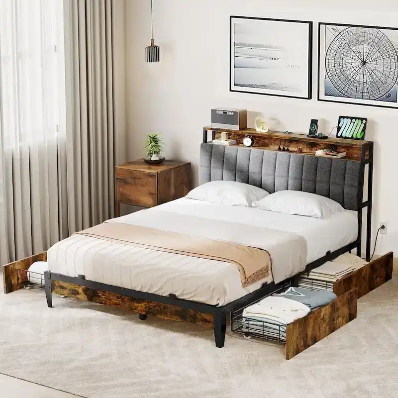 Moasis Storage Platform Bed Frame with Power Outlets and 4 Storage Drawers