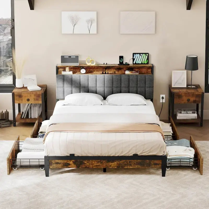 Moasis Storage Platform Bed Frame with Power Outlets and 4 Storage Drawers