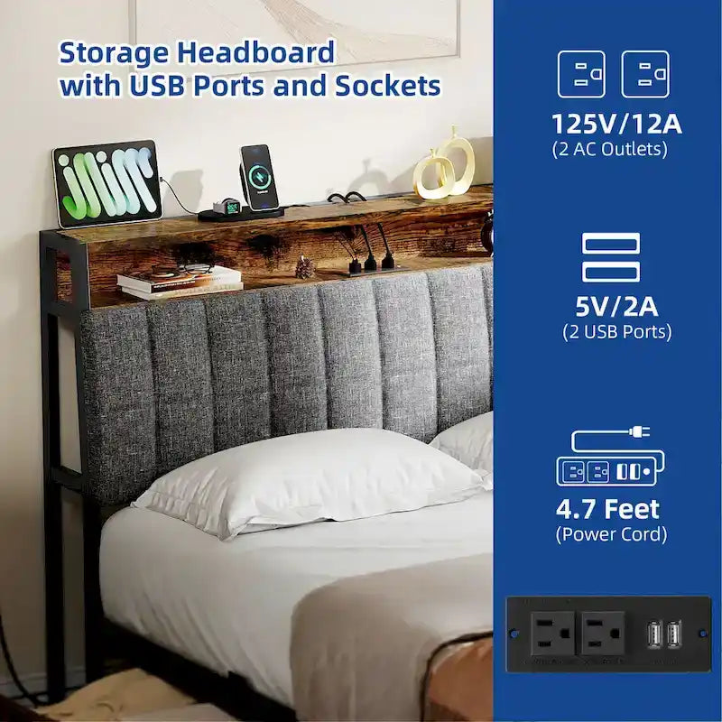 Moasis Storage Platform Bed Frame with Power Outlets and 4 Storage Drawers