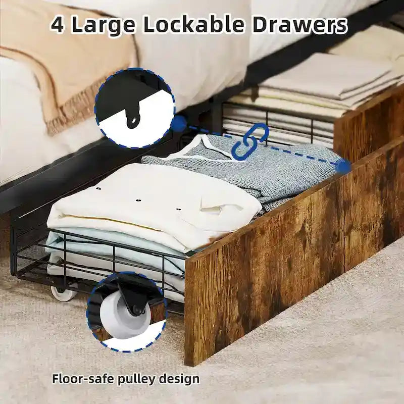 Moasis Storage Platform Bed Frame with Power Outlets and 4 Storage Drawers