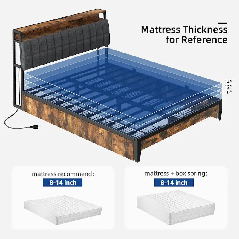Moasis Storage Platform Bed Frame with Power Outlets and 4 Storage Drawers