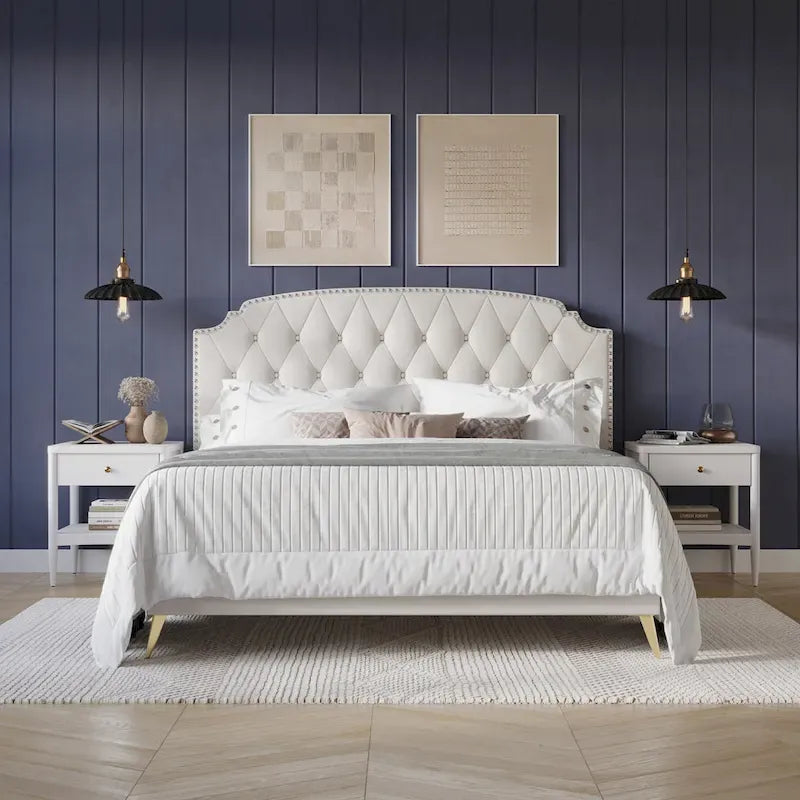 CraftPorch Velvet Button Tufted Upholstered Gold Accent Platform Bed