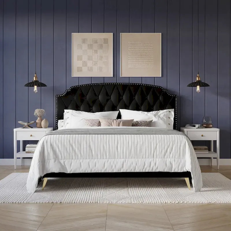 CraftPorch Velvet Button Tufted Upholstered Gold Accent Platform Bed