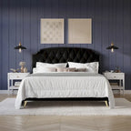 CraftPorch Velvet Button Tufted Upholstered Gold Accent Platform Bed