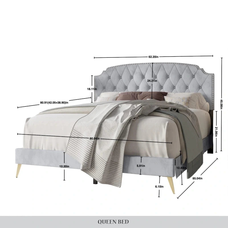CraftPorch Velvet Button Tufted Upholstered Gold Accent Platform Bed