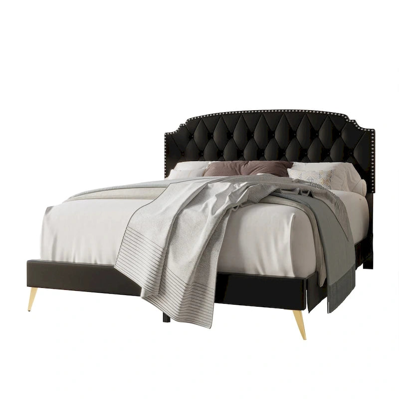 CraftPorch Velvet Button Tufted Upholstered Gold Accent Platform Bed
