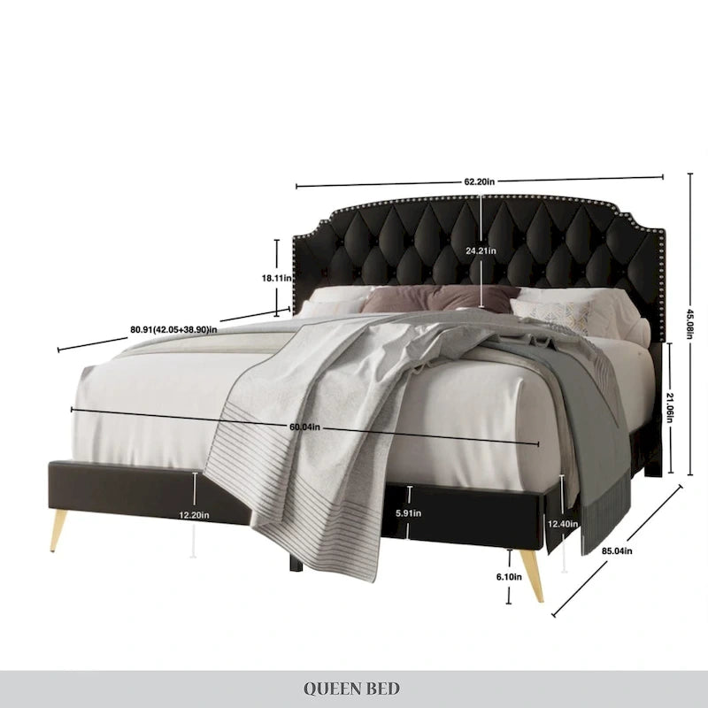 CraftPorch Velvet Button Tufted Upholstered Gold Accent Platform Bed