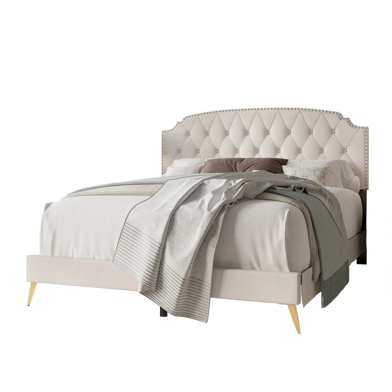CraftPorch Velvet Button Tufted Upholstered Gold Accent Platform Bed