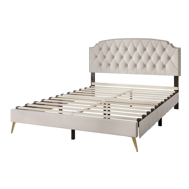 CraftPorch Velvet Button Tufted Upholstered Gold Accent Platform Bed