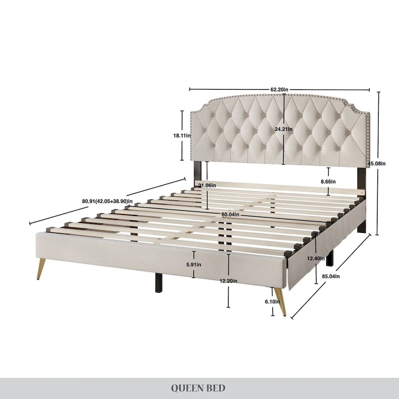 CraftPorch Velvet Button Tufted Upholstered Gold Accent Platform Bed