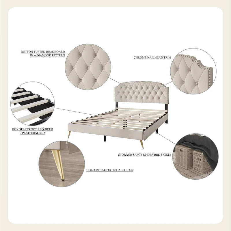 CraftPorch Velvet Button Tufted Upholstered Gold Accent Platform Bed