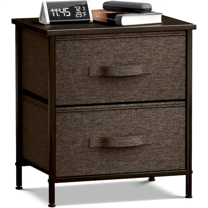 2 Drawer Nightstand Dresser Organizer Steel Frame Wood Top Fabric Bins