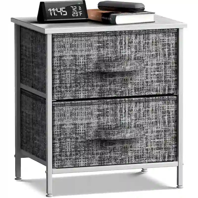 2 Drawer Nightstand Dresser Organizer Steel Frame Wood Top Fabric Bins