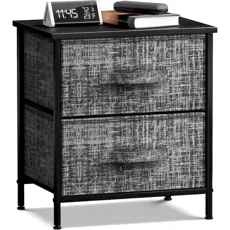 2 Drawer Nightstand Dresser Organizer Steel Frame Wood Top Fabric Bins