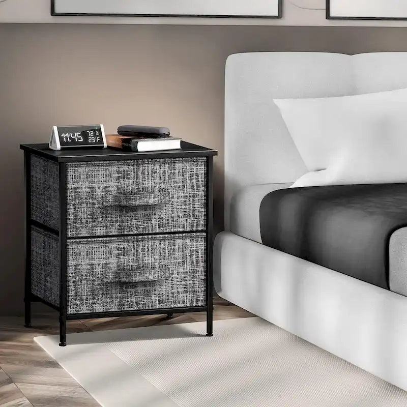 2 Drawer Nightstand Dresser Organizer Steel Frame Wood Top Fabric Bins