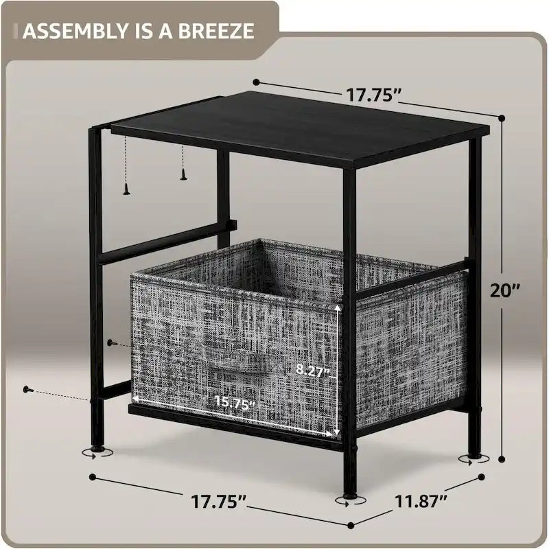 2 Drawer Nightstand Dresser Organizer Steel Frame Wood Top Fabric Bins