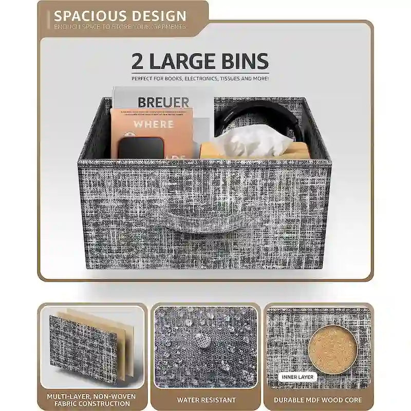 2 Drawer Nightstand Dresser Organizer Steel Frame Wood Top Fabric Bins